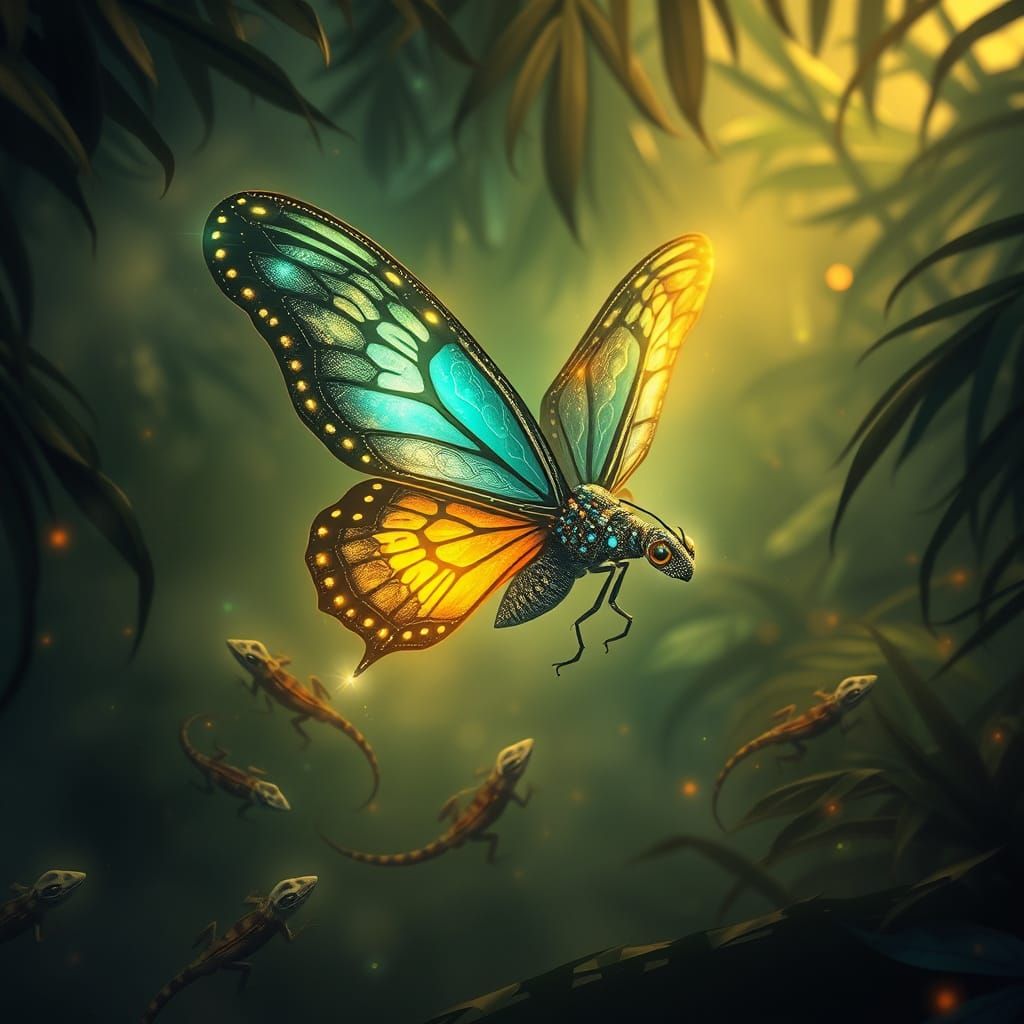 Bioluminescent Butterfly in Hyperrealistic Jungle