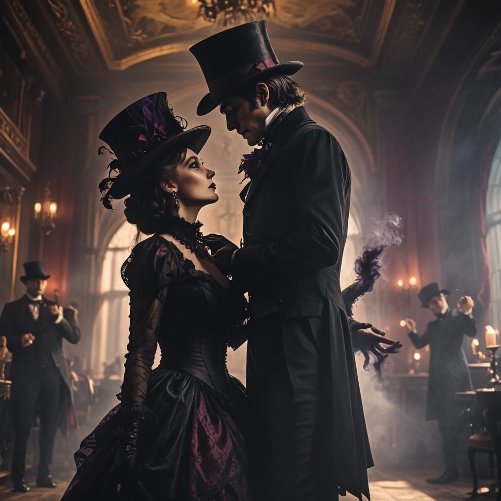 Gothic Ballroom Flirtation in Cinematic Style