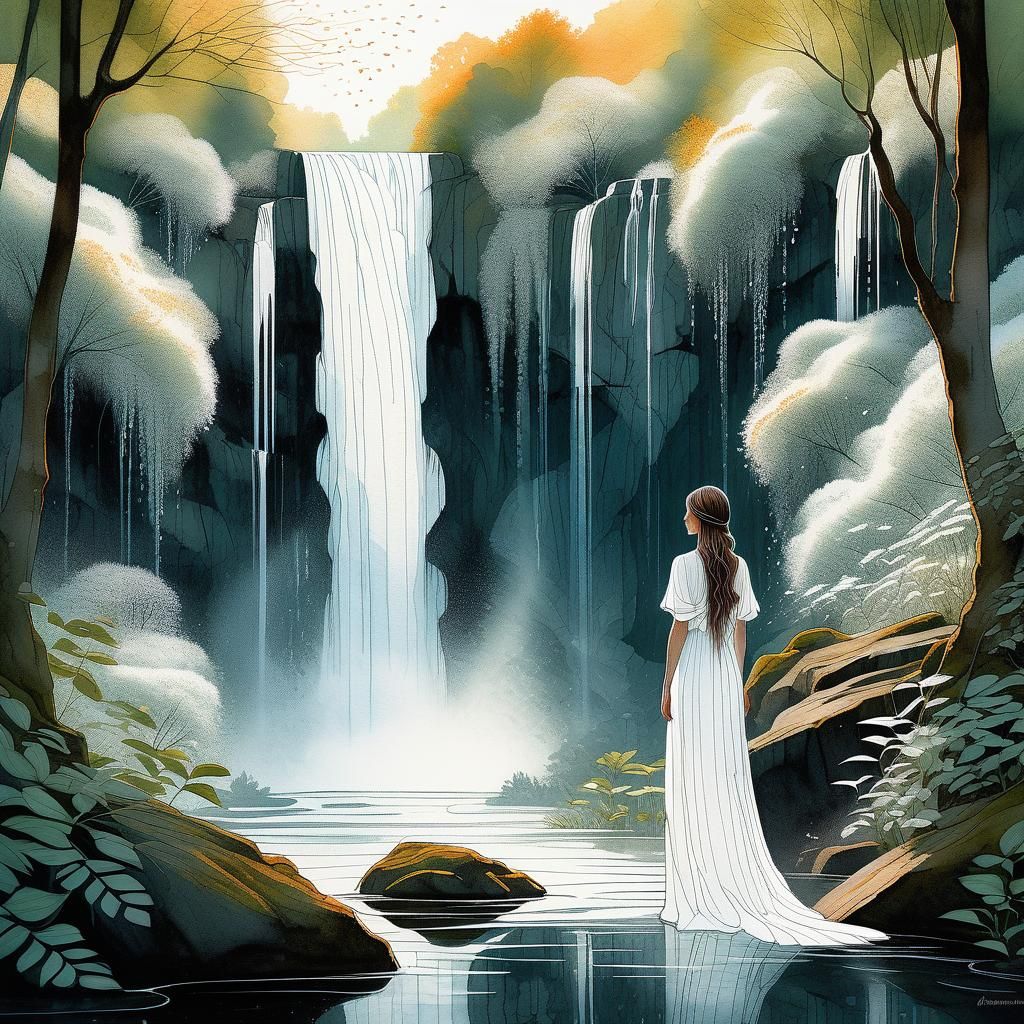 dreamscape : the girl and the waterfalls in a world of peace...
