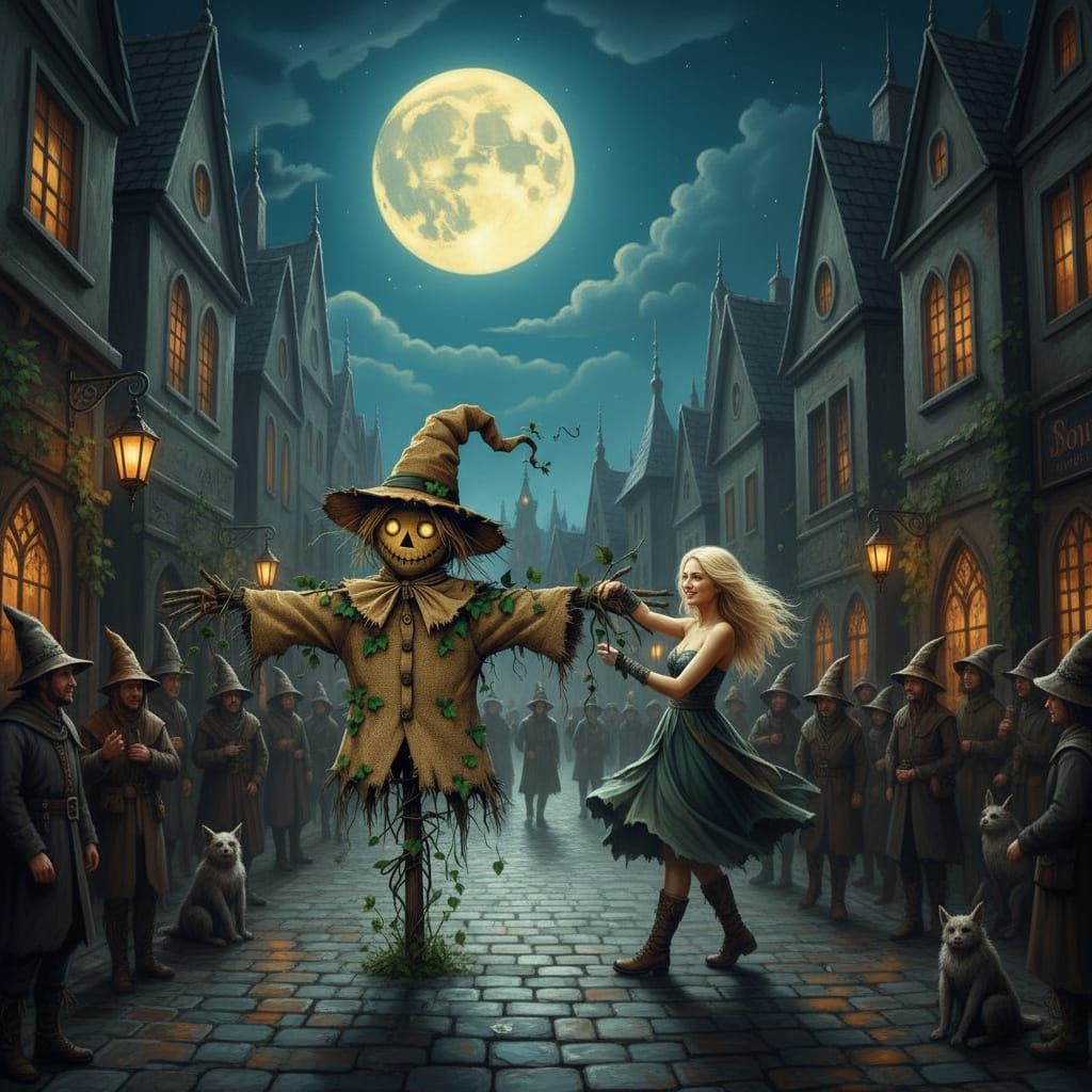 Woman and Scarecrow Dancing in a Field