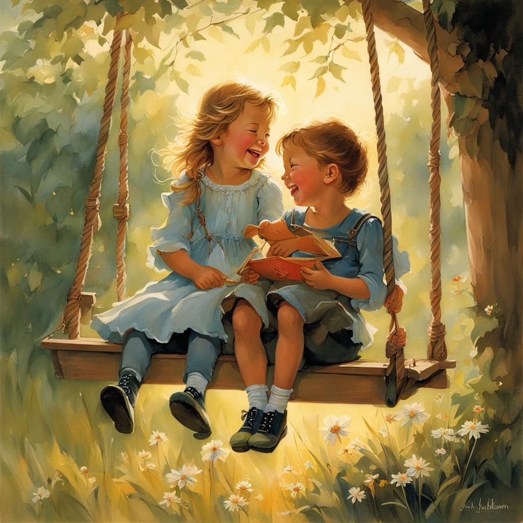 Siblings Laughing on Porch Swing in Whimsical Style