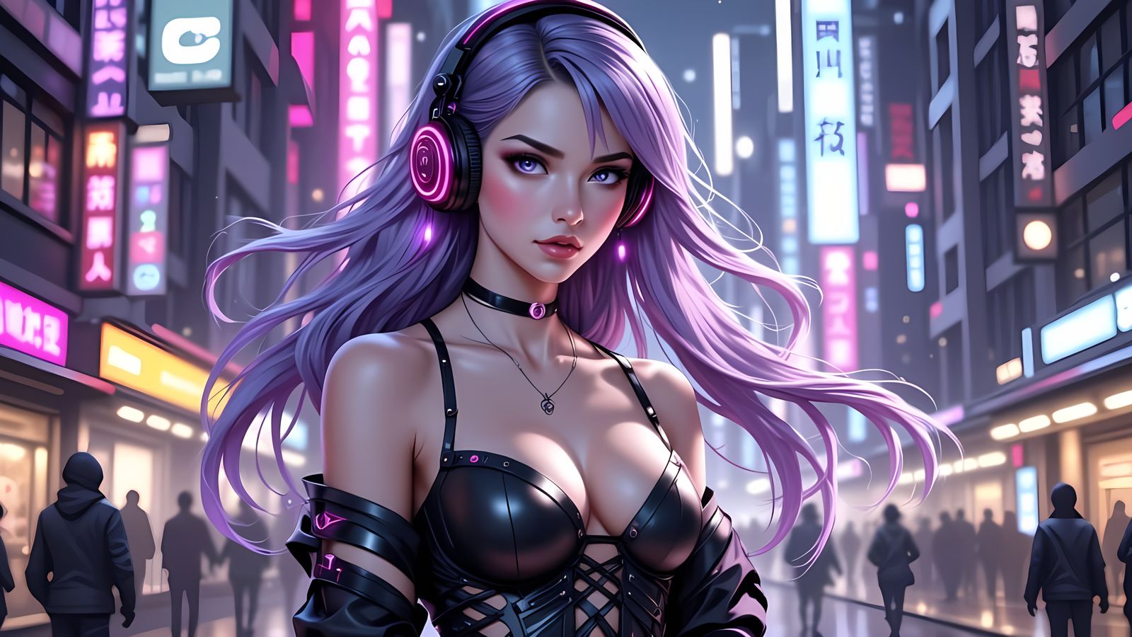 Ethereal Anime Woman in Futuristic Cityscape