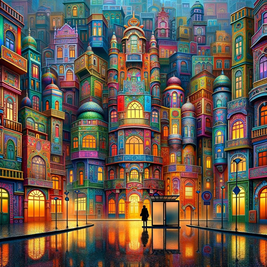 Vibrant Fairytale Cityscape with Warm Reflections