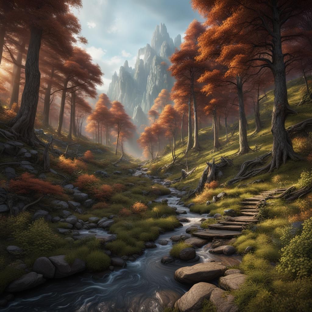 Mountain Stream Hiking Path in Forest