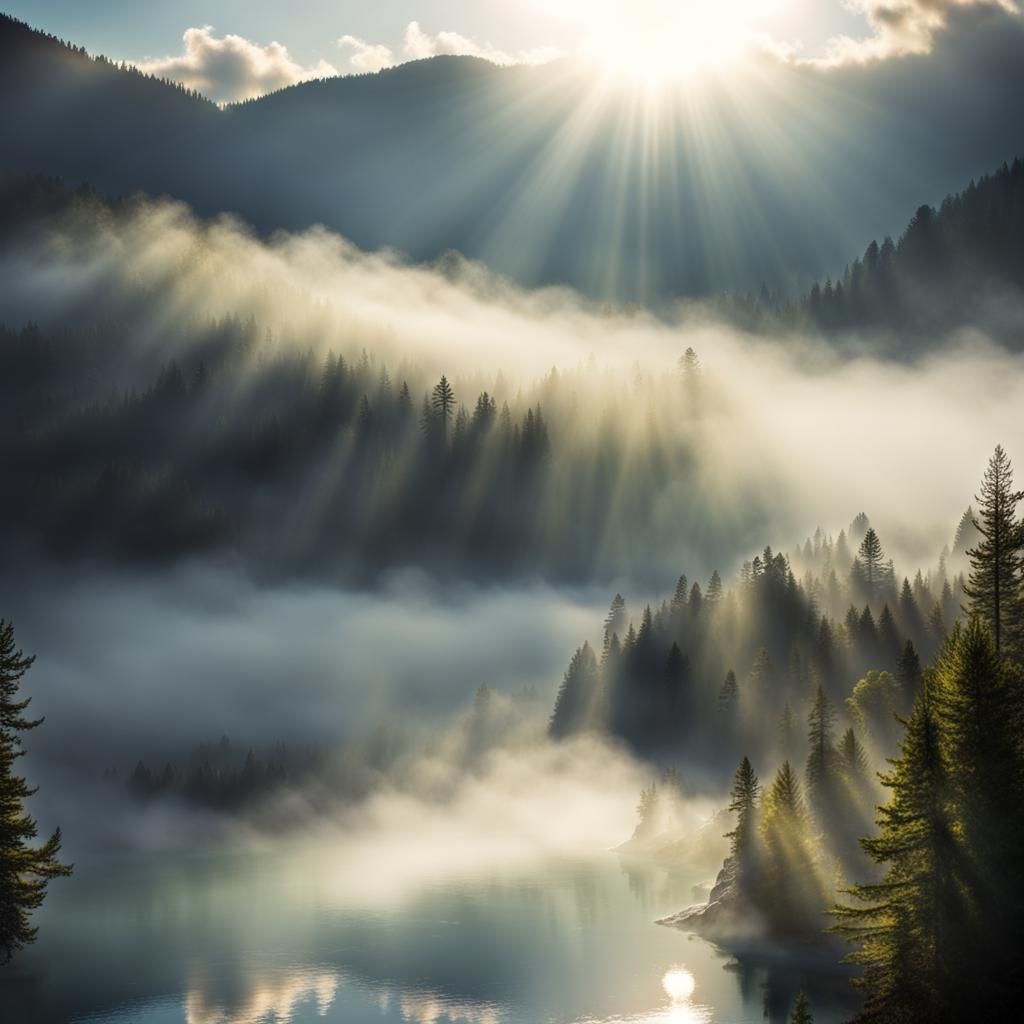 Heavenly Sunshine over Foggy Mountain Lake