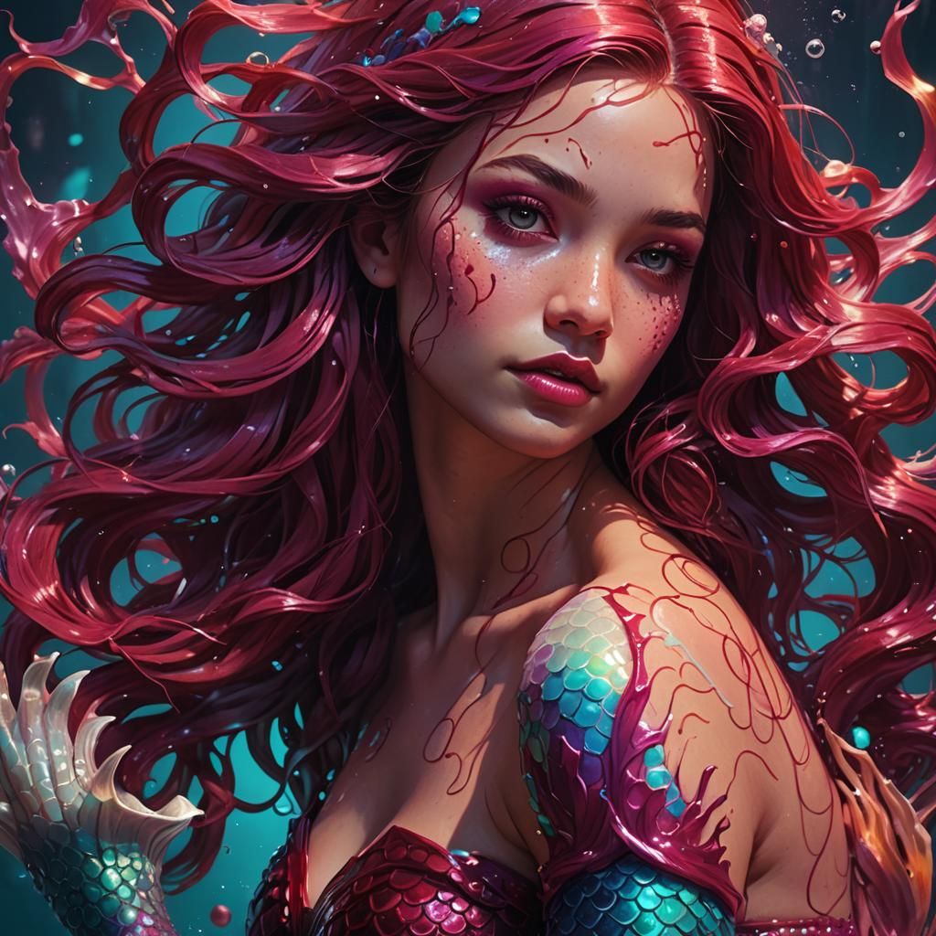 Neon Burgundy Mermaid in Hyperrealistic Splash Art