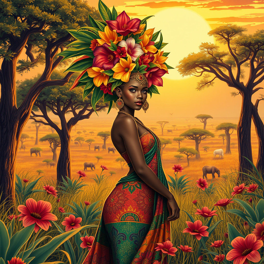 African Flower Goddess in Manga Style