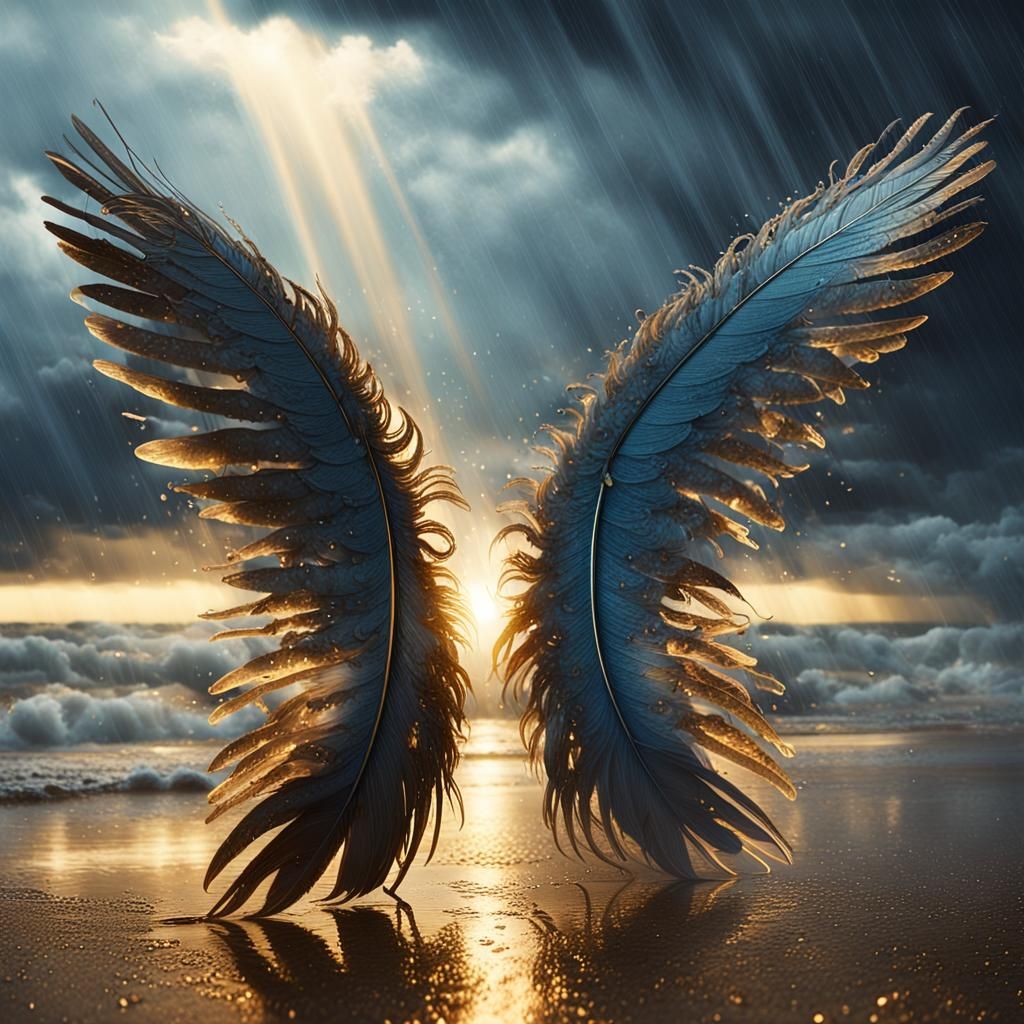 Archangels Radiate Light on Rainy Beach: Digital Art