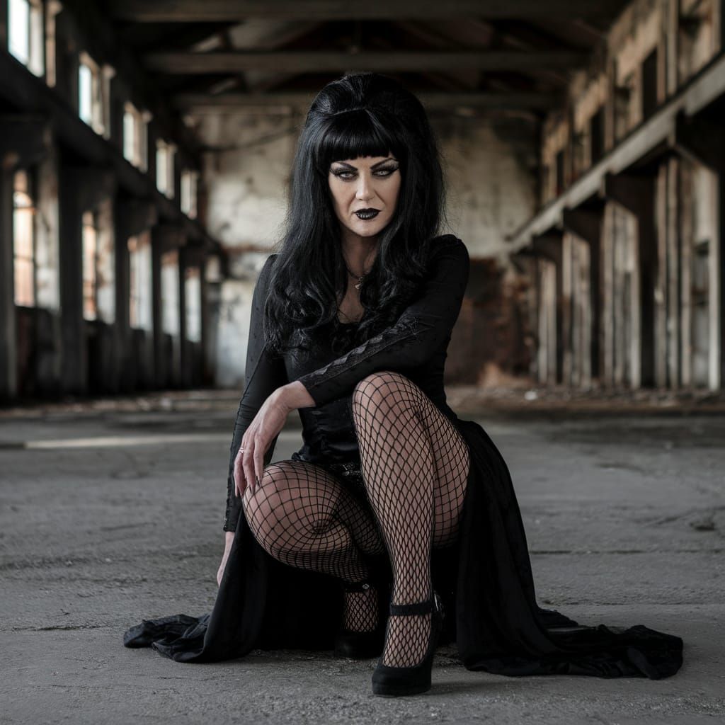 Gothic Cross Dresser in Abandoned Hall Embracing Darkness