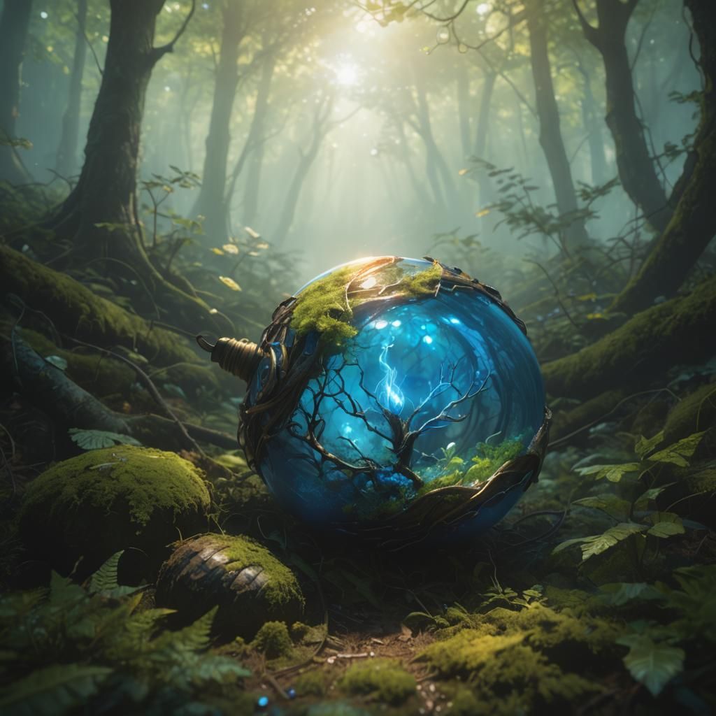 Mystical Blue Bulb Radiating Light in Ancient Forest