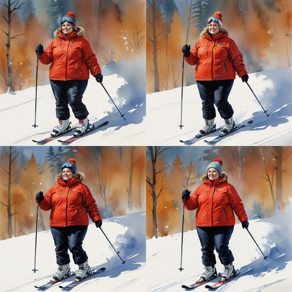 Chubby Woman in Cozy Winter Skiing Attire, Watercolor Art