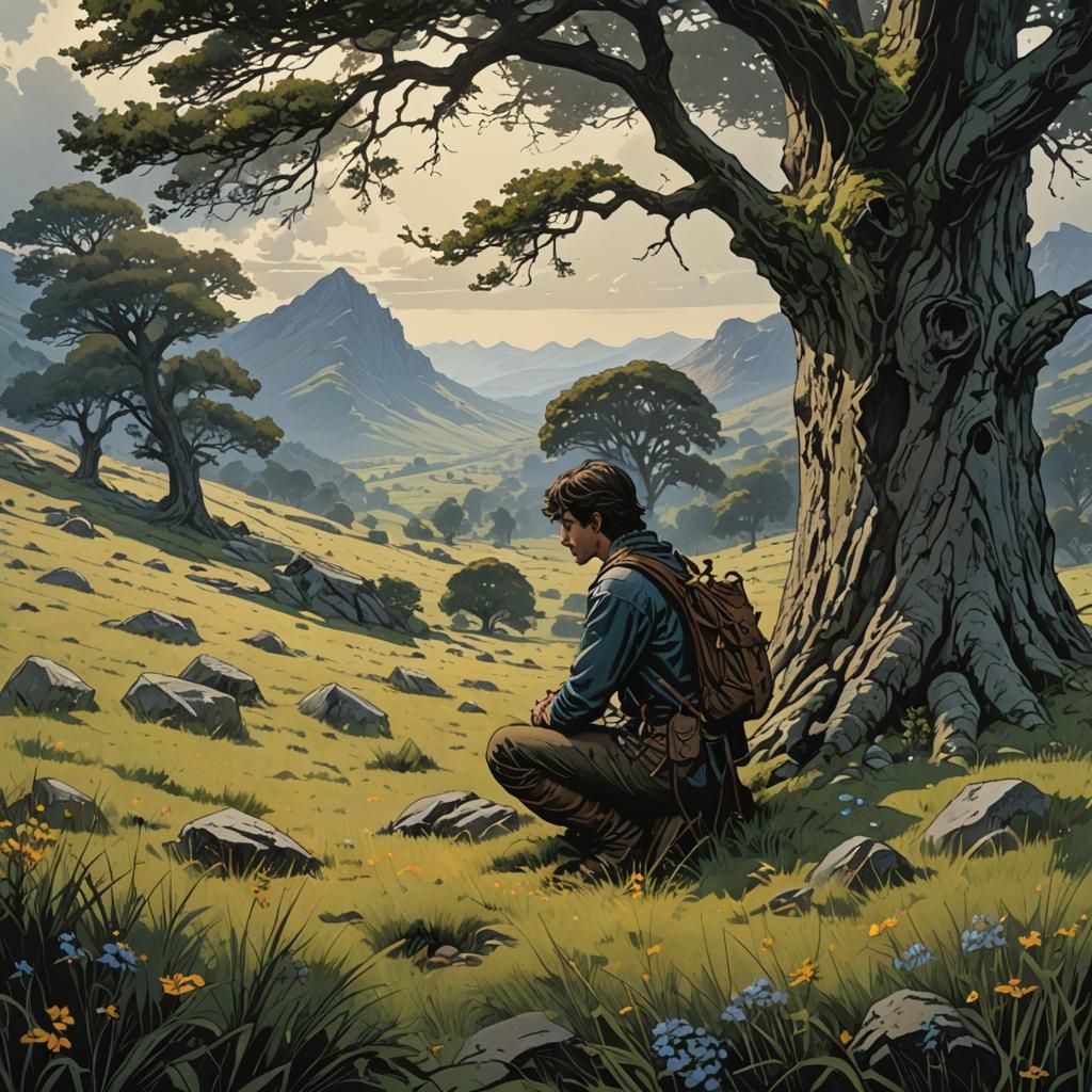 Pensive Man in Mountain Meadow, Dark Fantasy Art