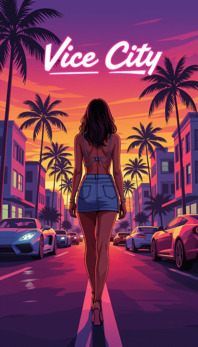 Woman in Vice City Street at Sunset in GTA 6 Style