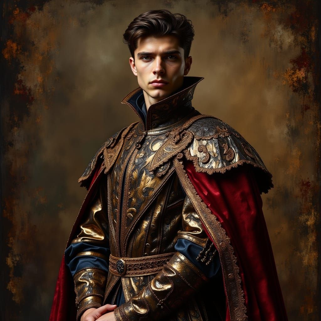 Dashing Young Hero in Dark Oil Painted Rich Attire