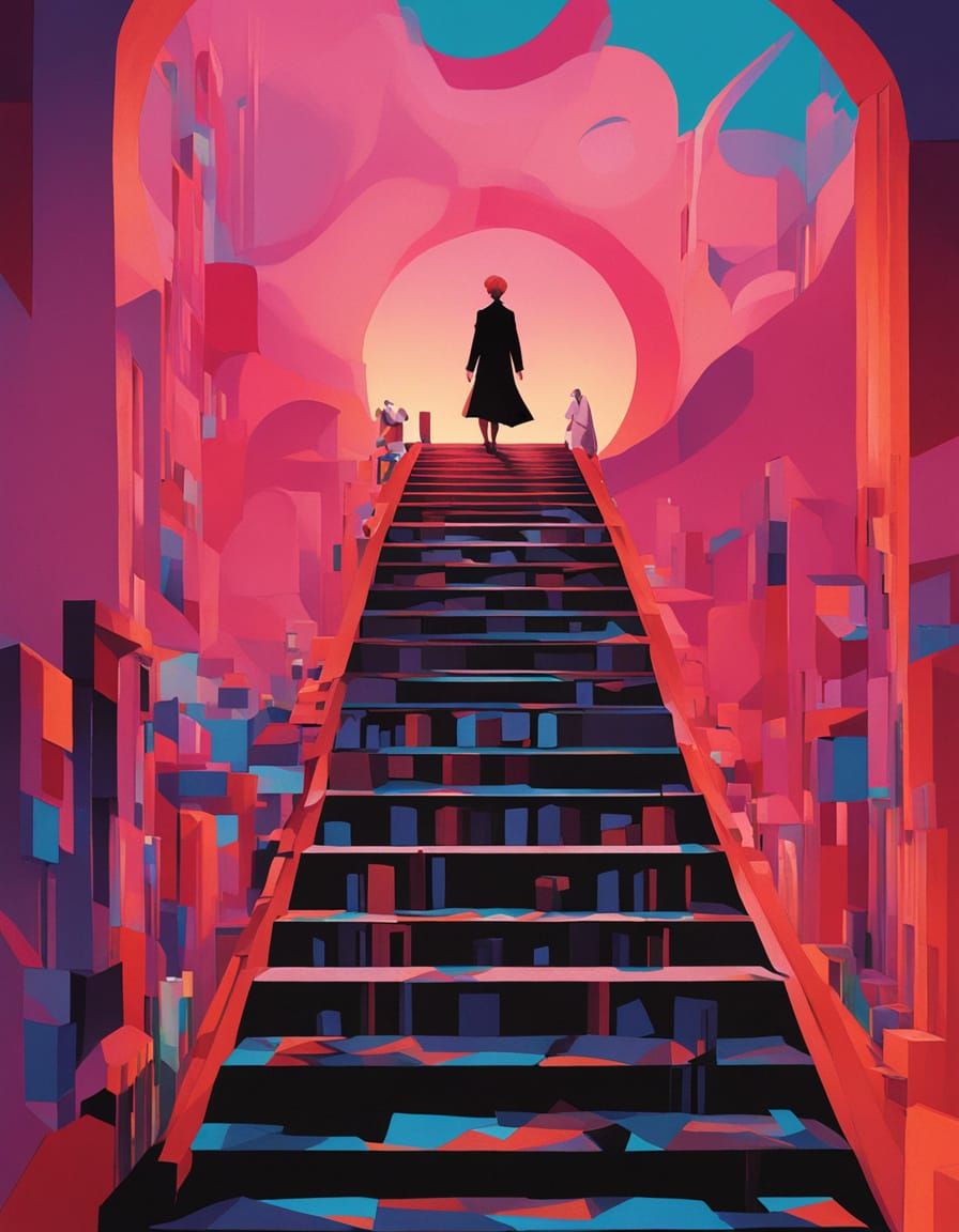 Girl Ascends Stairs to Meet Grim Reaper in 3D Art