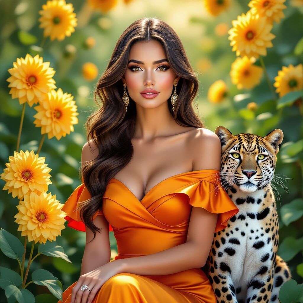 Golden Haired Woman in Garden, Caricature Style