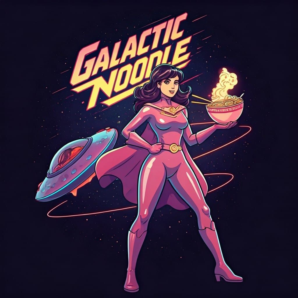 Retro-Futuristic Superhero Galactic Noodle in Dynamic Pose