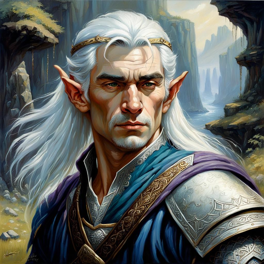 White-Haired Elf Prince in Oil Painting Style