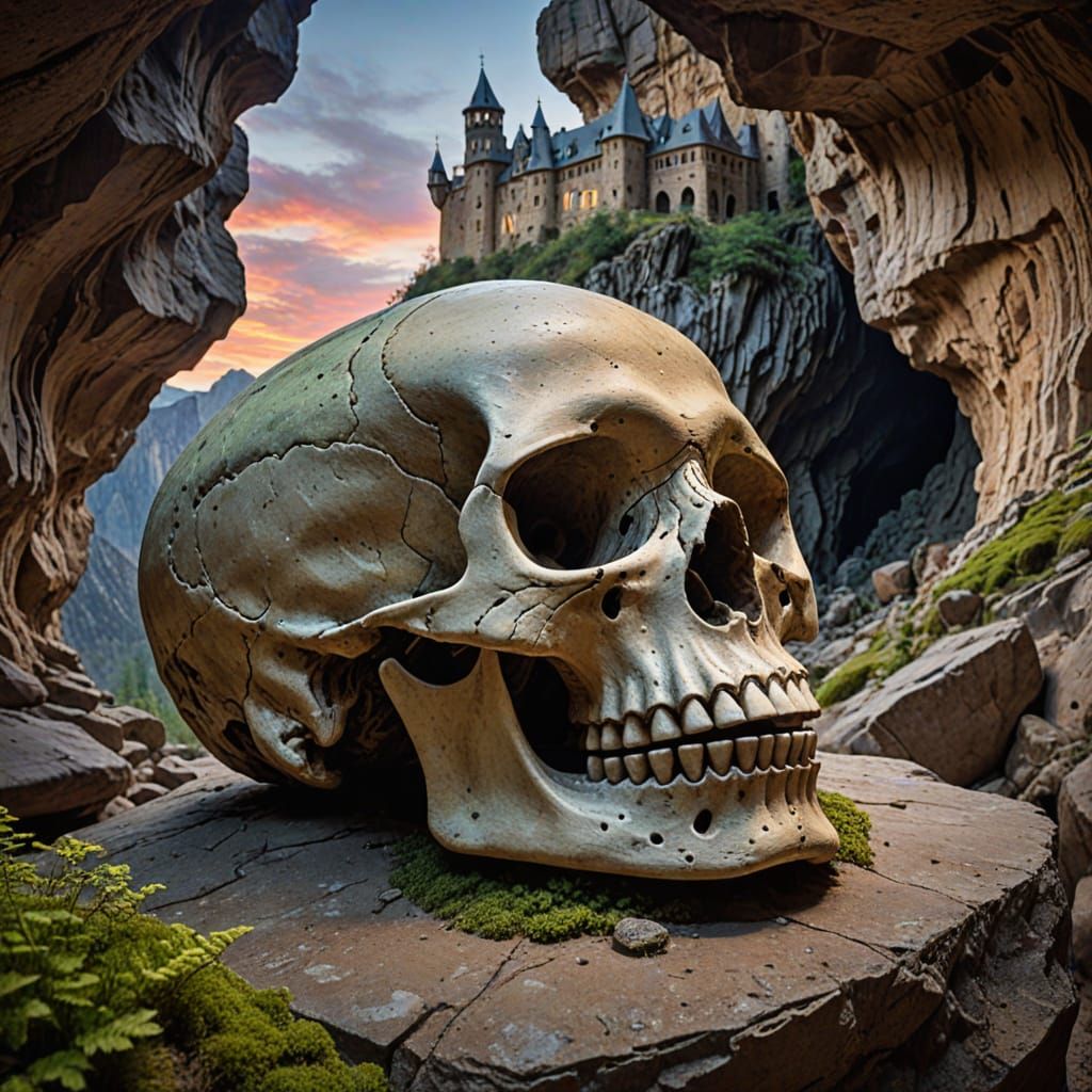 Surreal Skull in Cave with Castle Landscape