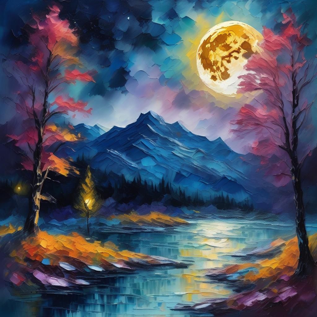 Luminescent Moonlit Landscape as Impasto Gouache Painting