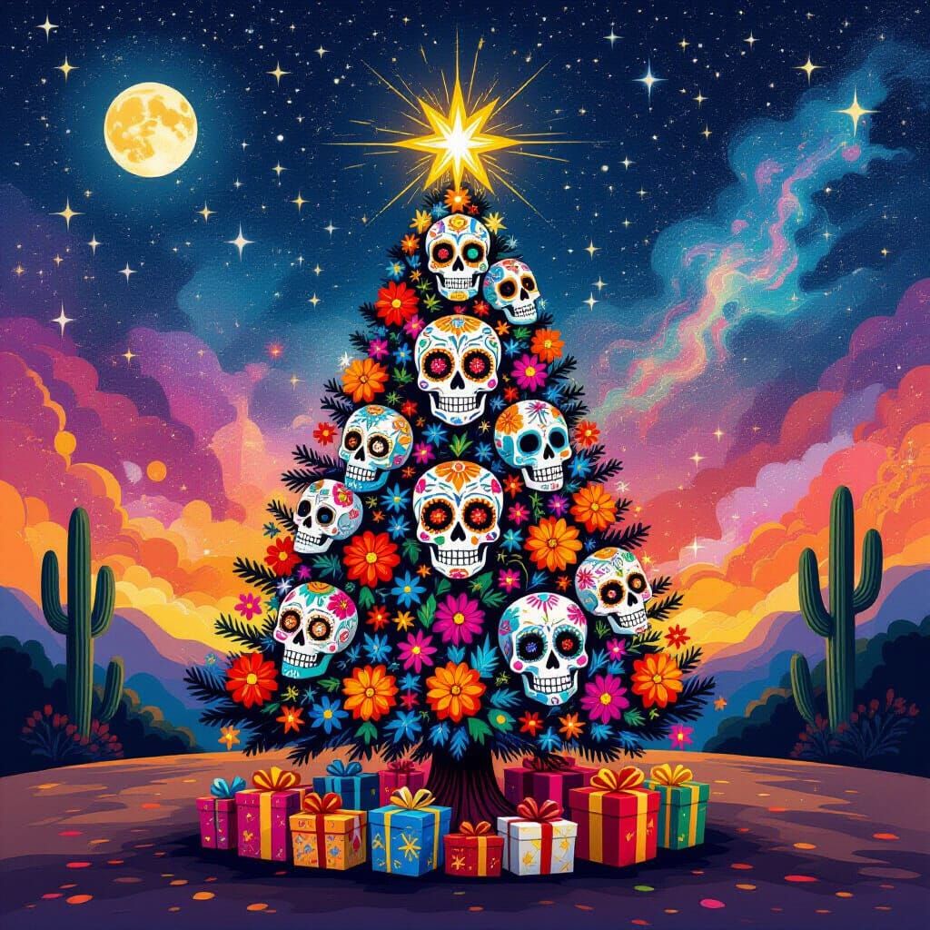 Day of the Dead Christmas Tree Cosmic Illustration