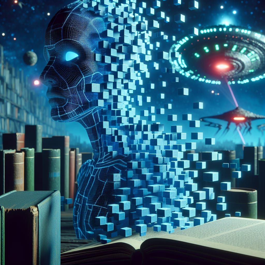 Cubist Alien Entity Teleports into Radiant Blue Cubes