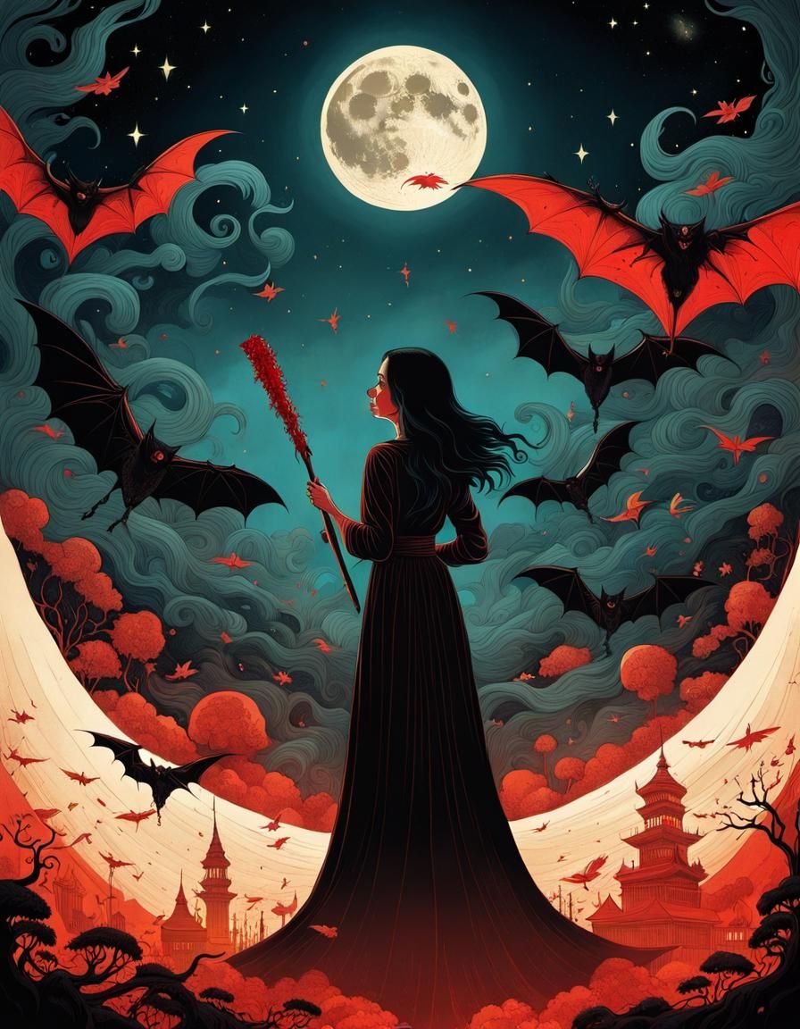 Macabre Nailbat Silhouette Art: Deranged Woman in Fantasy Ho...