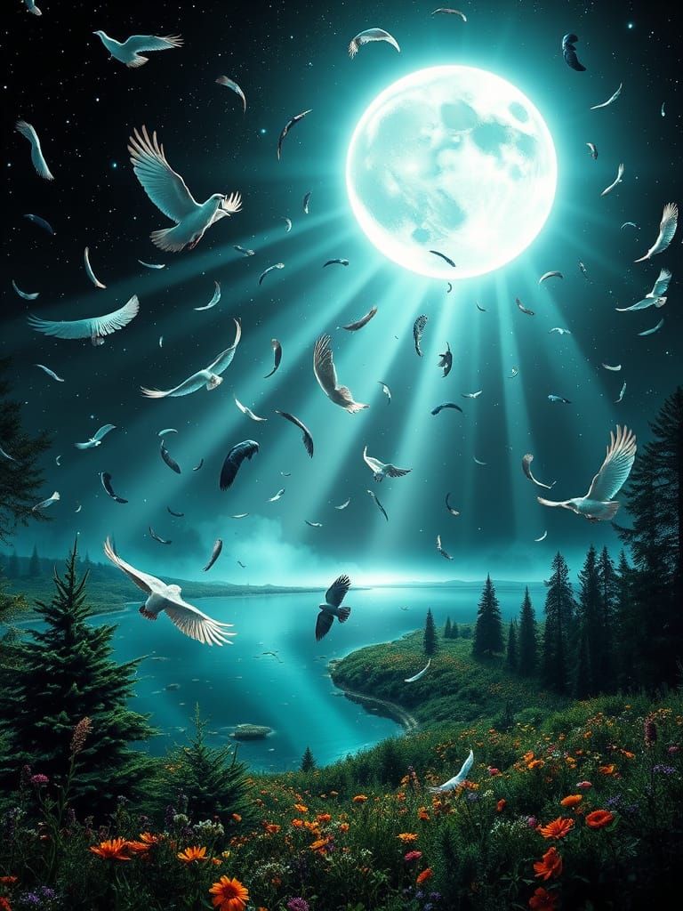 Bioluminescent Cosmos with Falling Feathers in Dreamlike Sty...