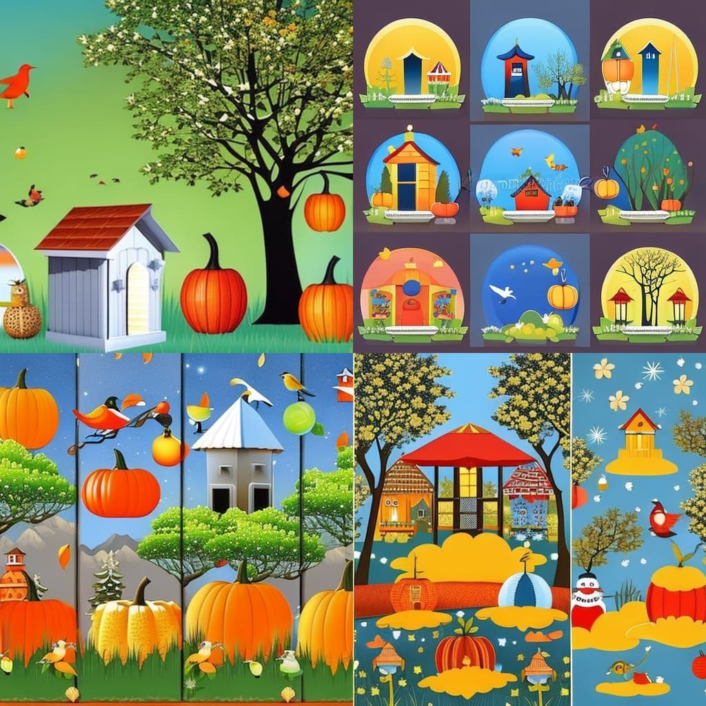 Four Seasons Illustration with Apple Tree