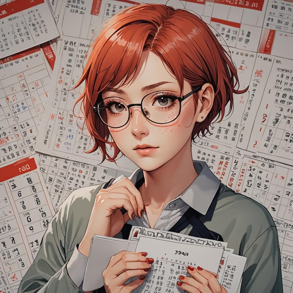 Anime Girl with Red Hair Crying with Calendar