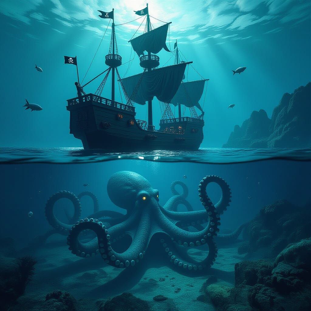 Underwater Pirate Ship and Kraken Diorama in 8K