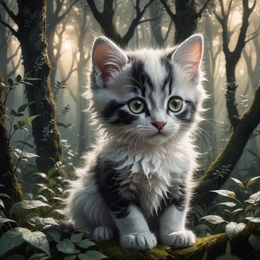 Mystical Kitten in Forest: Dreamlike Digital Painting