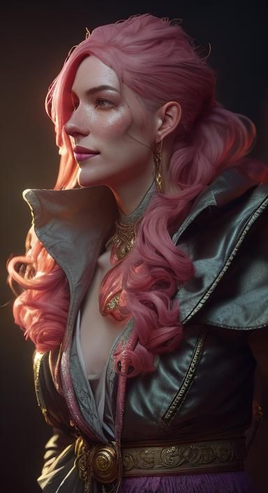 Bubblegum Pink Tiefling Bard Portrait in Digital Art Style
