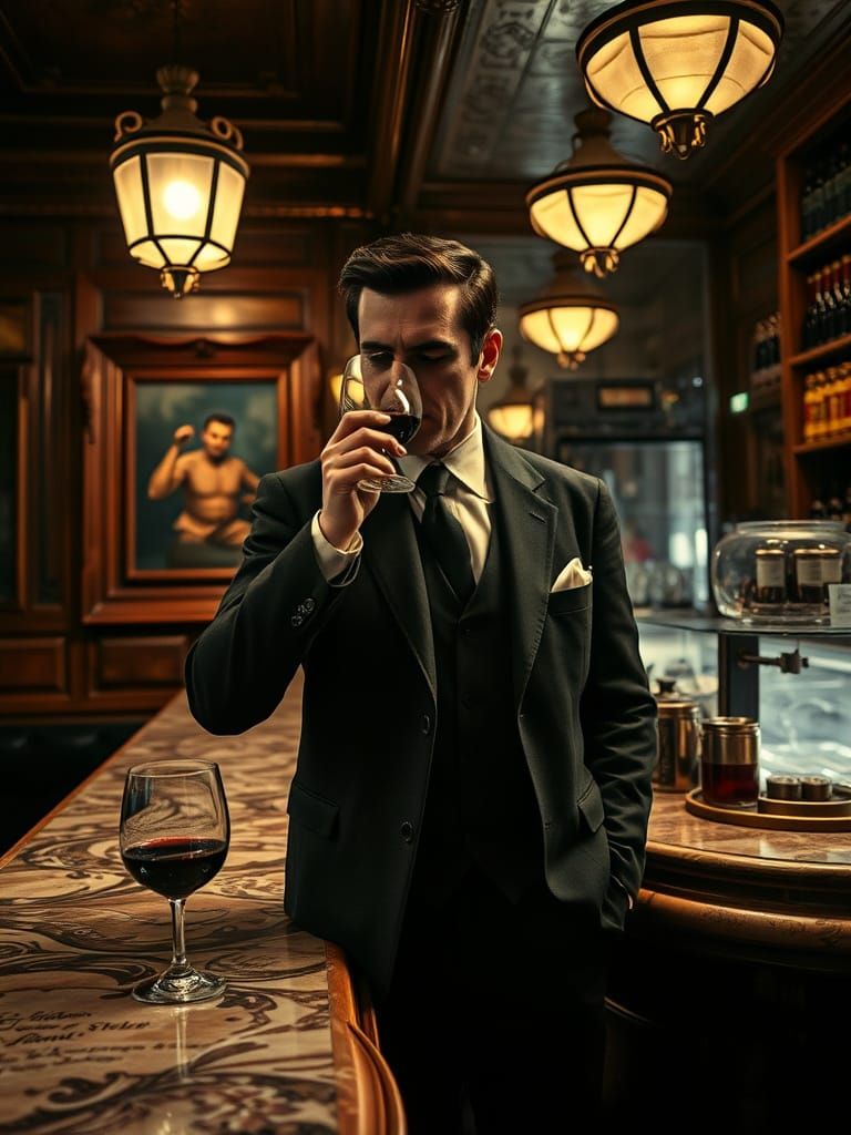 Fernando Pessoa in 1930s Taberna, Sipping Red Wine