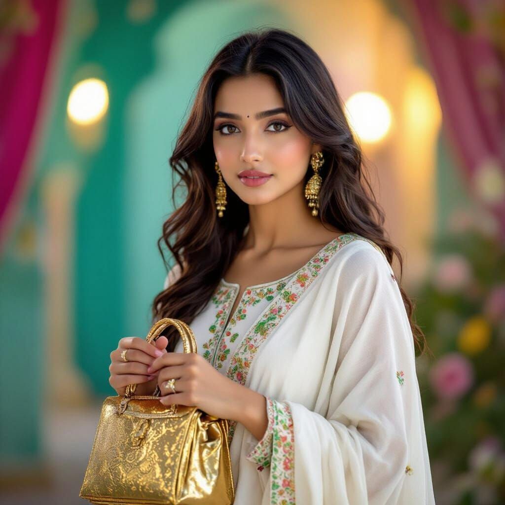 Indian Girl in Traditional Dress with Golden Bag
