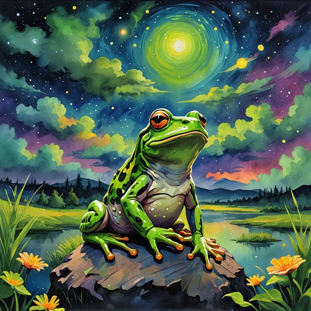 Luminous Frog Under a Starry Sky in Gouache Style