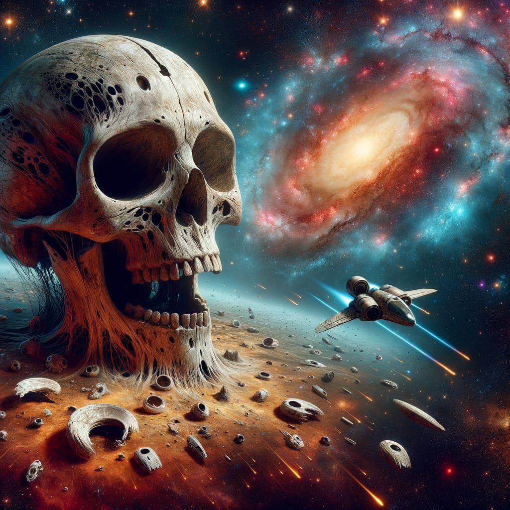 Spaceship Fleets Past Giant Alien Skull in Cosmic Junkyard