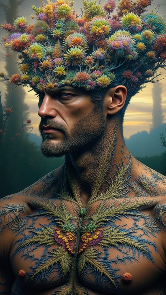 Fractal-Faced Man in Surreal Optical Illusion Dreamscape