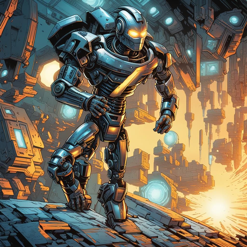 Heroic Robot Portrait in Comic Book Art Style