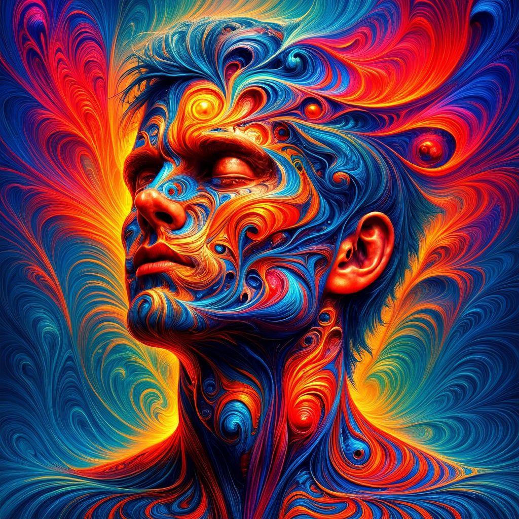 Man's Brain Transforming Stress to Peace in Surreal Style