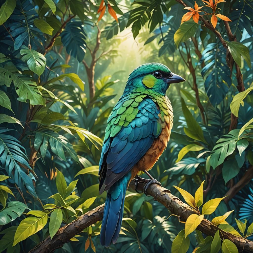 Lush Jungle Bird Portrait in Digital Art