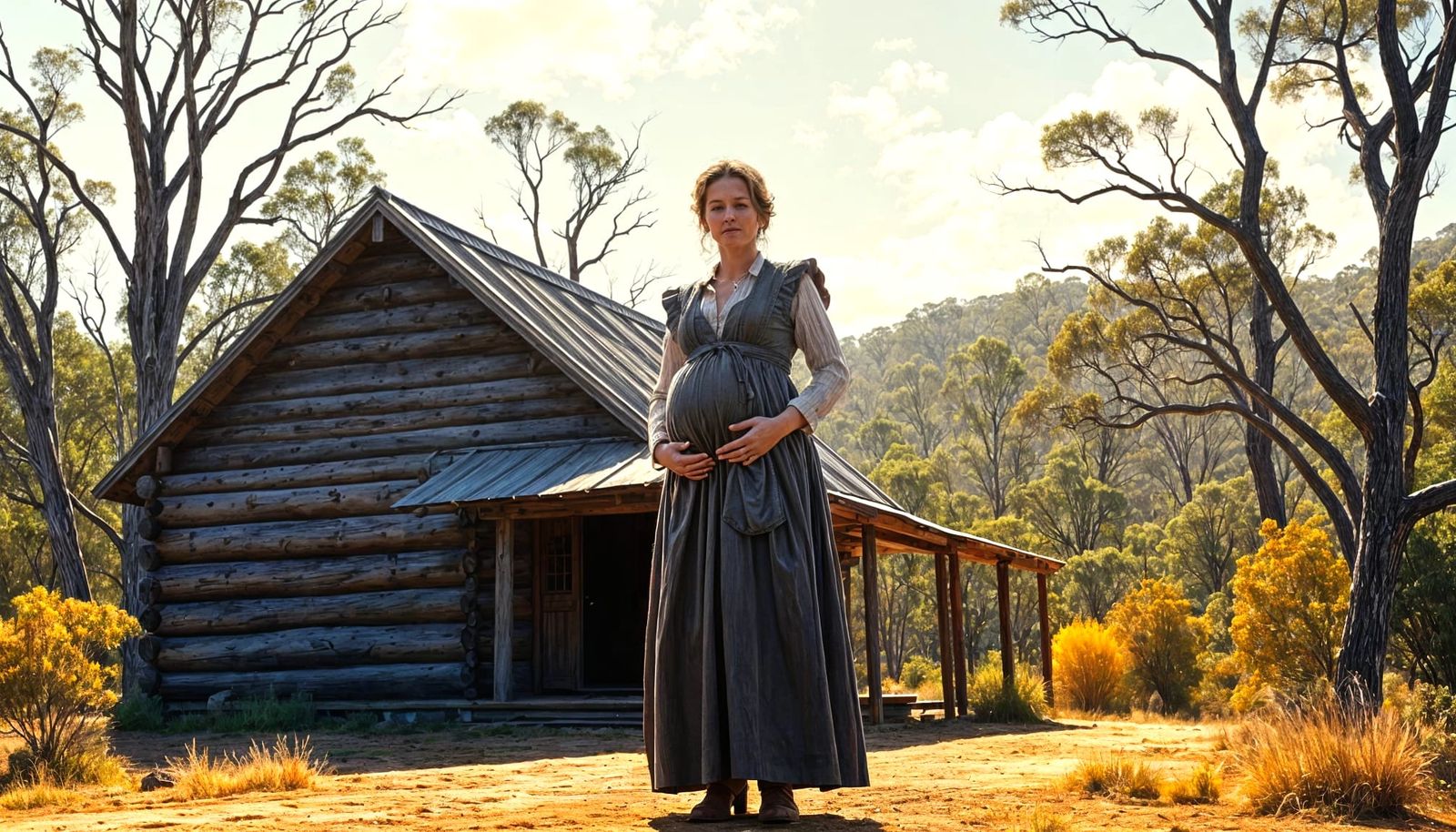 Pregnant Pioneer Woman in Australian Landscape