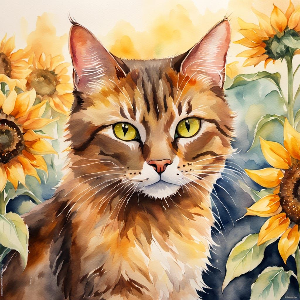 Brown Cat Amongst Sunflowers in Watercolor Style