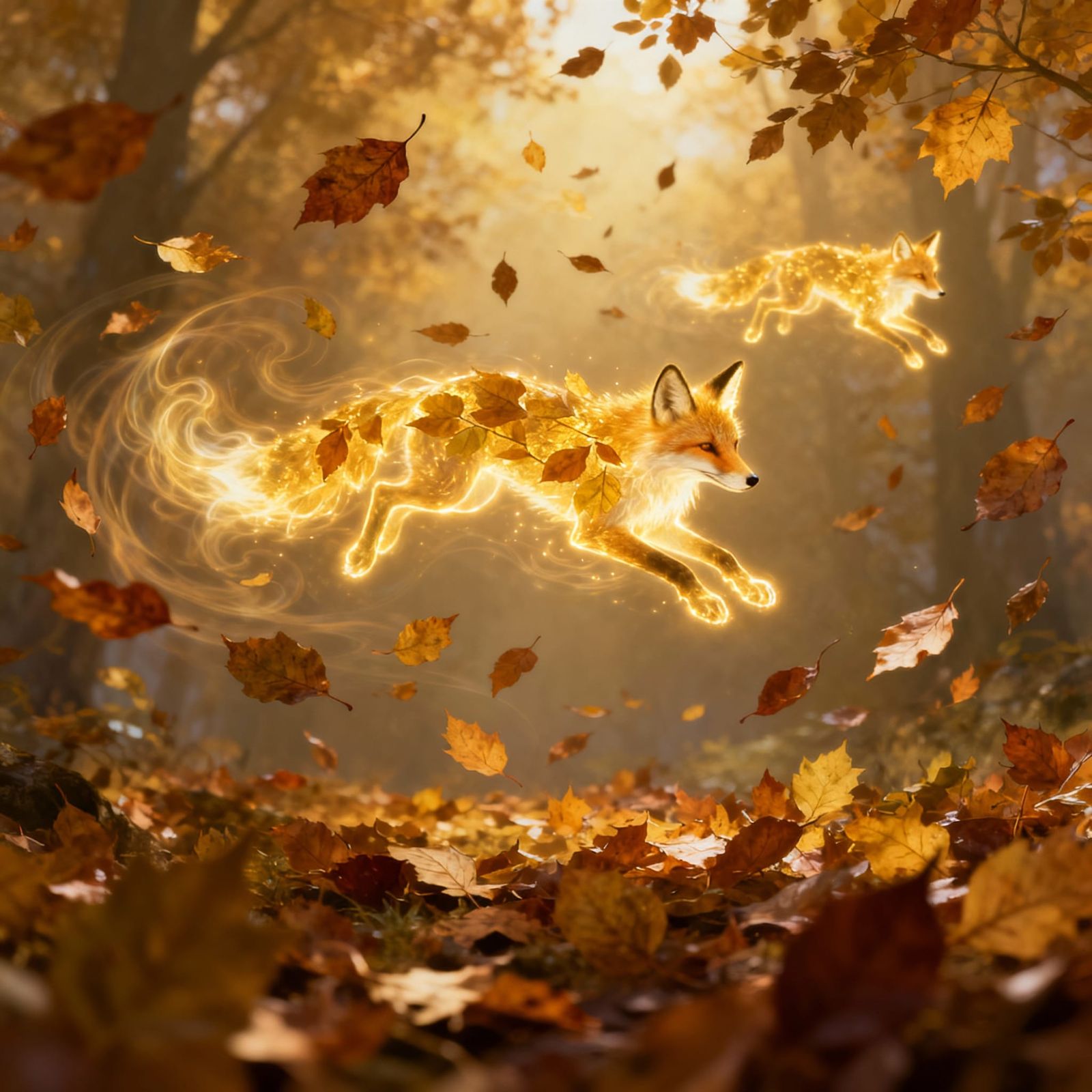 Mystical Autumn Leaves Transform Into Ethereal Foxes