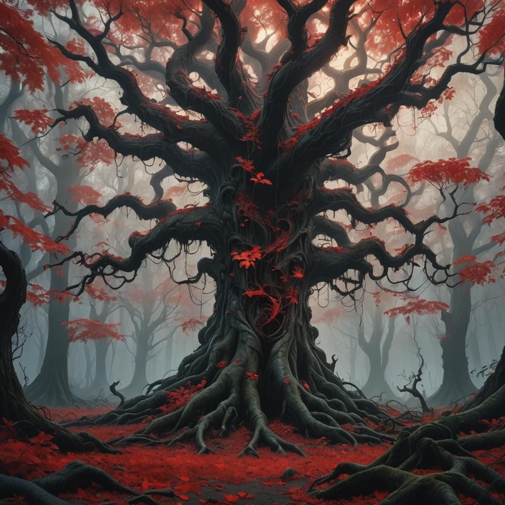 Glowing Red Leaves in Misty Forest, Surreal Art