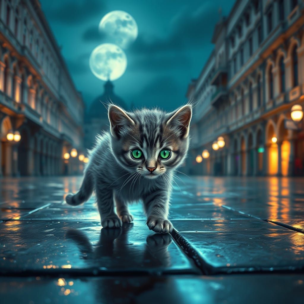 Mystical Kitten Explores Moonlit Venice in Splendid 8k Detai...