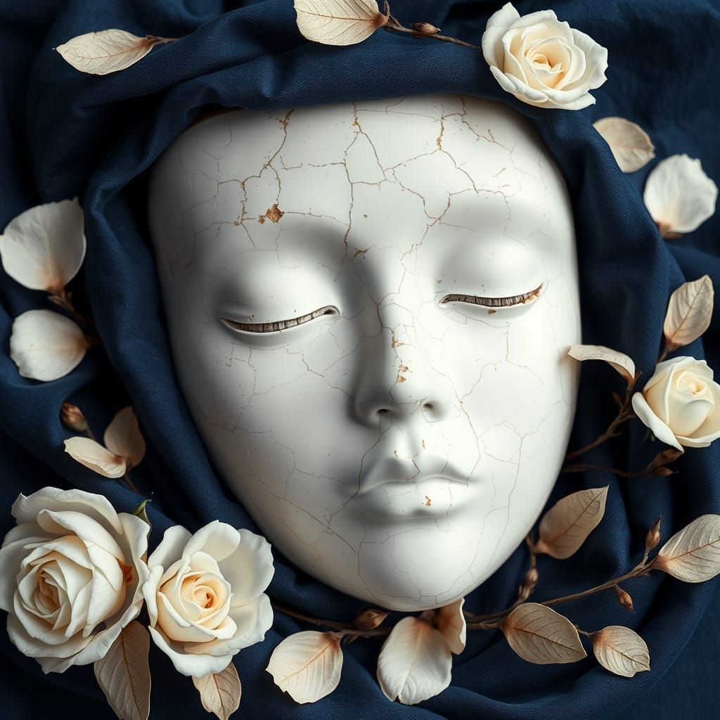 Kintsugi Ceramic Mask with Indigo Fabric