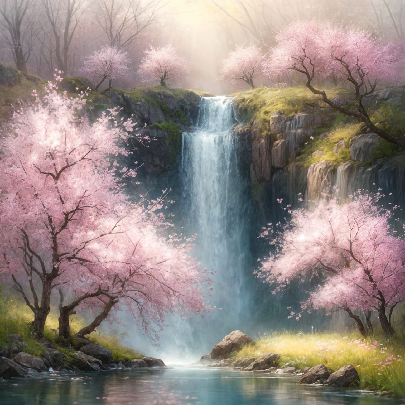 Pink Cherry Blossom Tree by Waterfall