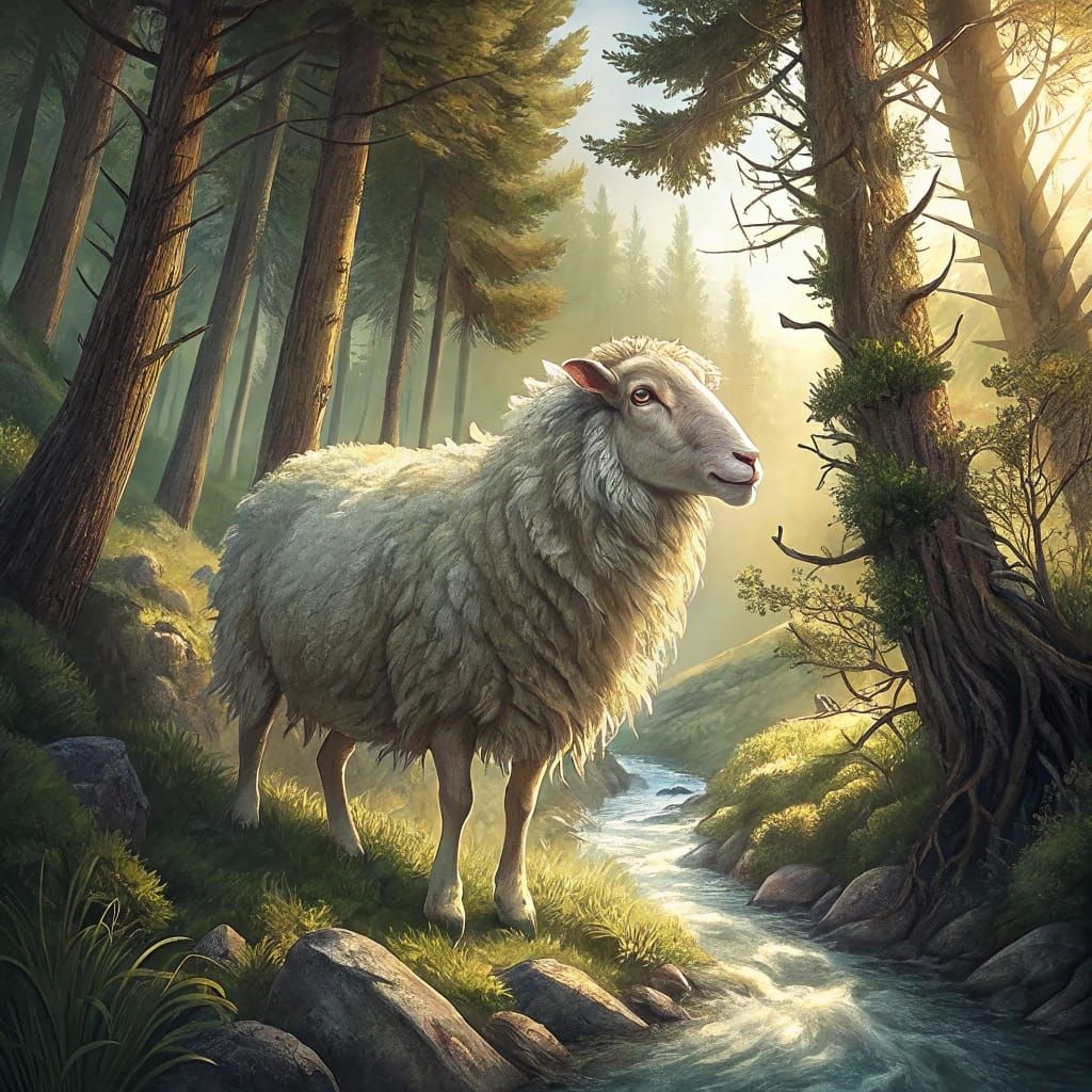 Sheep in Pine Forest Landscape