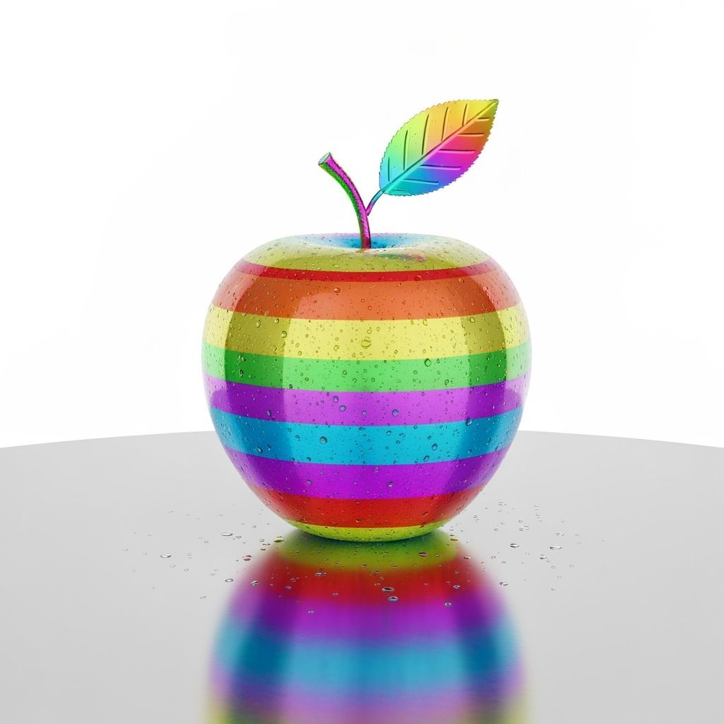 Shiny Glass Apple with Rainbow Stripes and Water Droplets
